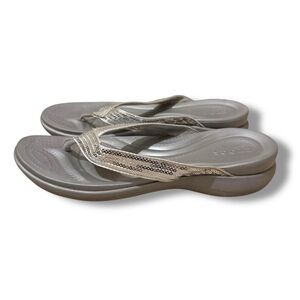 Crocs Women's Sandals in Silver Taupe Sequin Thong Slides Slip On